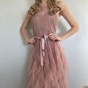Candalite Dusty Rose Lace Ruffle Formal Maxi Dress